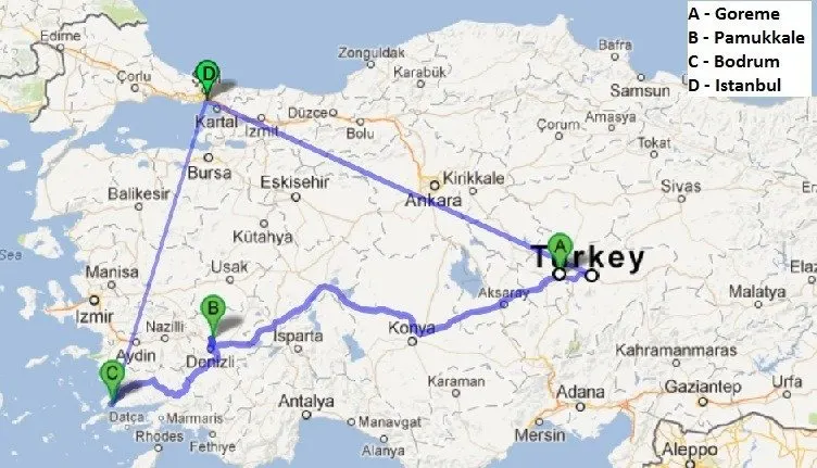 Map of our mini Turkey Tour