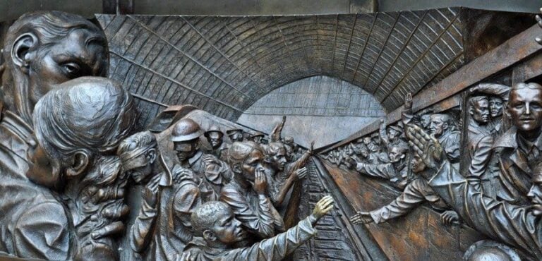 Section of freize from The Meeting Place Sculpture, St Pancras