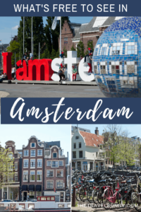 Amsterdam sign with mosaic ball, bikes and crooked buildings