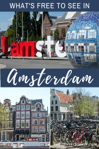 Amsterdam sign with mosaic ball, bikes and crooked buildings