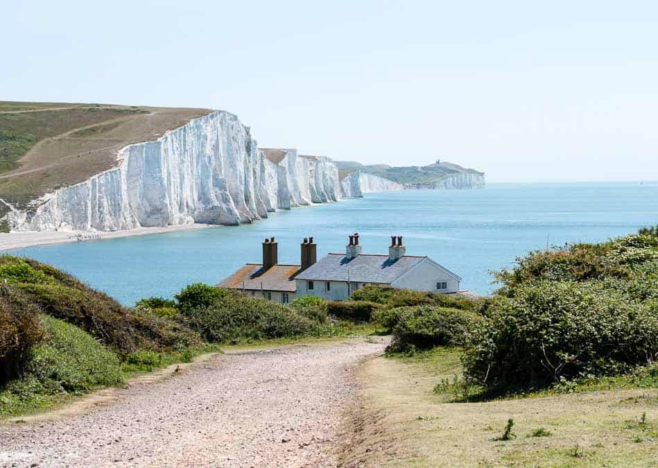 Row of coastguard cottages overlooking the English Channel and Seven Sisters Cliffs