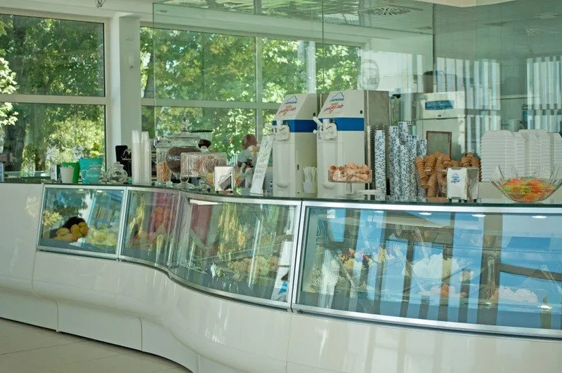 Gelato counter at the Gelato University, Bologna