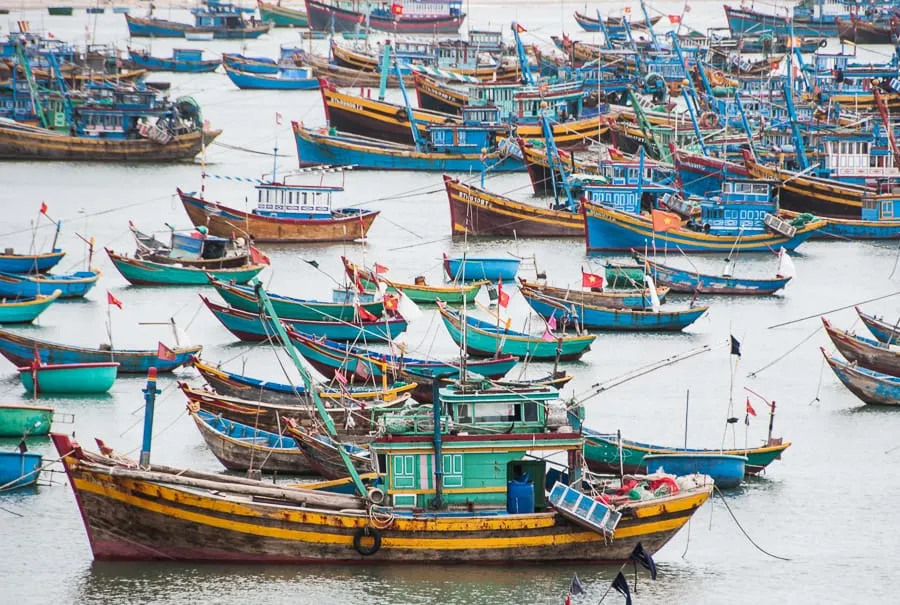 Blue and green fishing boats, Vietnam