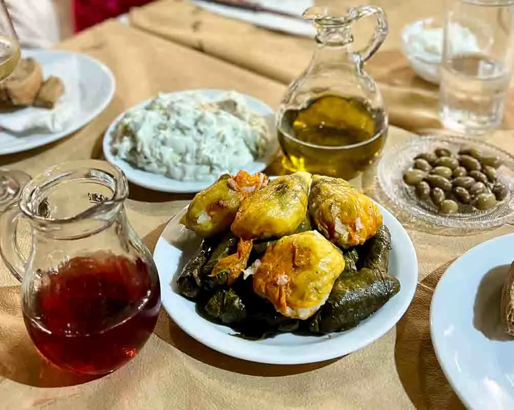 Stuffed courgette flowers, wine, olives and tzatziki in Crete, Greece
