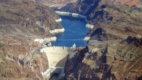 Aerial view of Hoover Dam and Colorado River