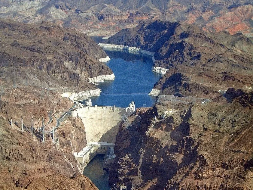 Aerial view of Hoover Dam and Colorado River
