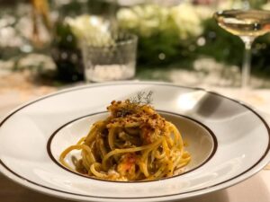 King crab spaghetti with chilli and garlic at La Stüa de Michil Corvara, Italy