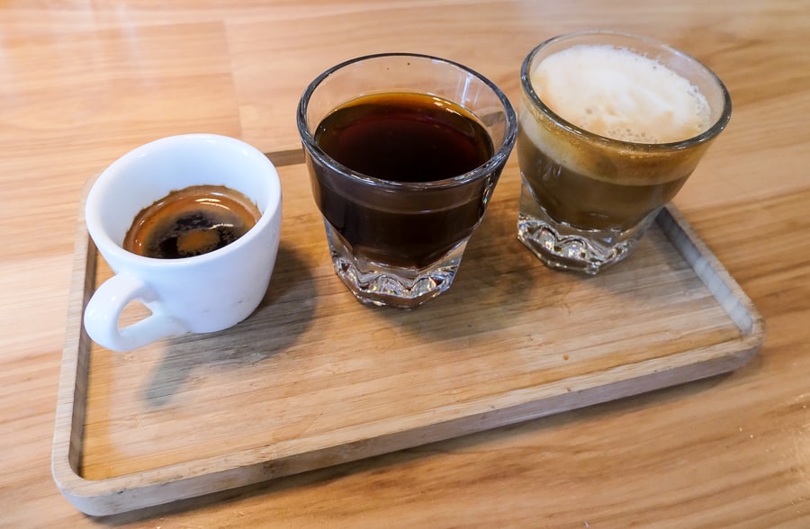 A flight of coffee - Espresso, Americano, Cortado