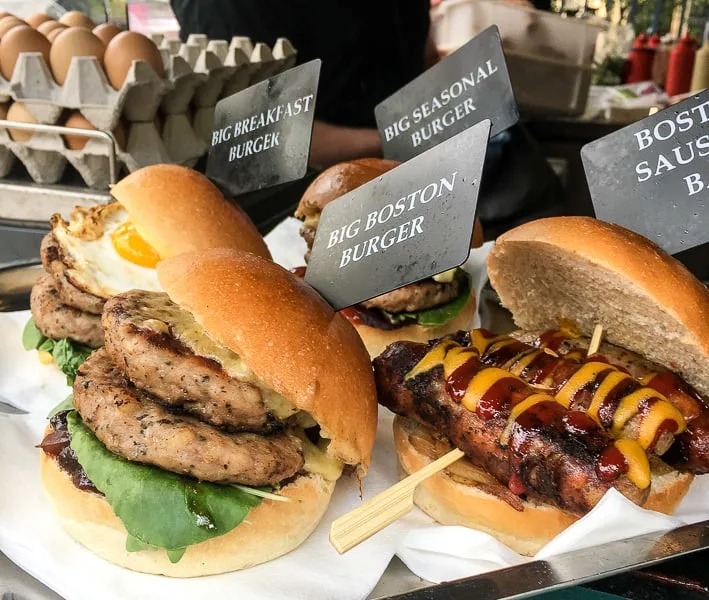 Sausages and burgers at Borough Market