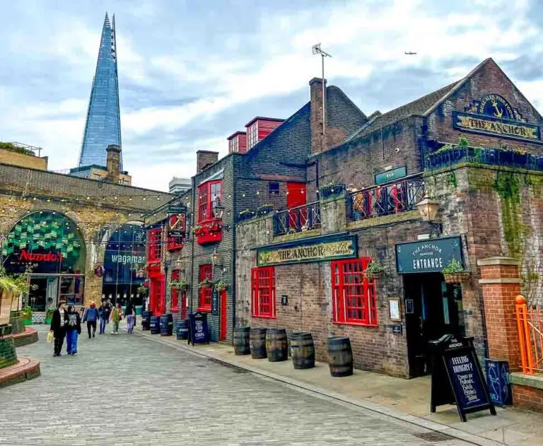 The Anchor, pub Bankside London with Shard in the background