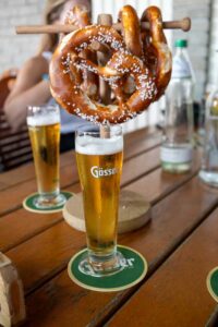 Beer and pretzels at Gosser Brau, Graz, Austria