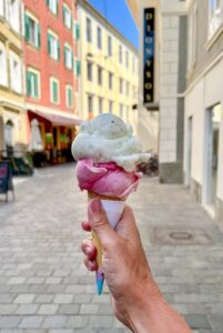 Ice cream for Die Eisperle with street background in Graz, Austria