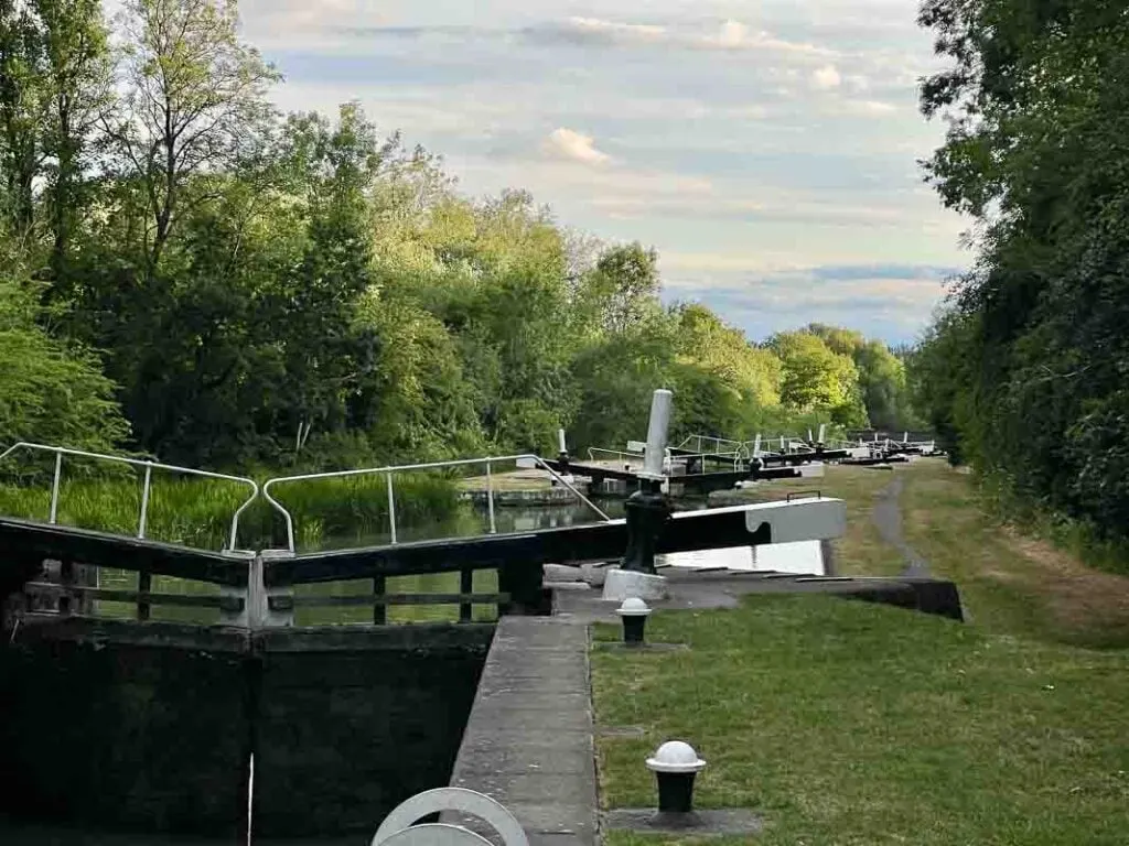 Stockton locks, a flight of 8 canal locks surrounded by trees and countryside