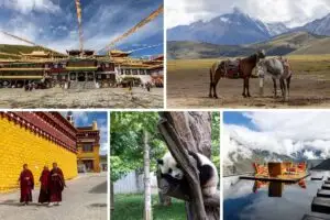 Collage of Sichuan travel destinations including temples, horses, panda, monks in burgundy robes and mountain views.