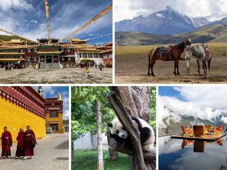 Collage of Sichuan travel destinations including temples, horses, panda, monks in burgundy robes and mountain views.