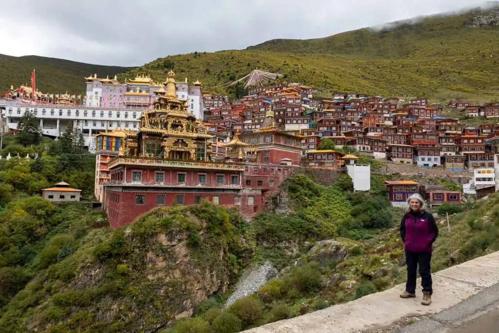 Dense hillside village with traditional architecture and mountains in the background.