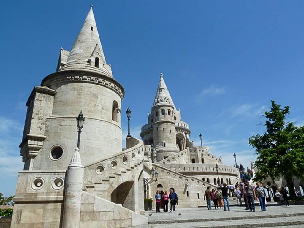 The white turreted towers and steps of Fisherman's Bastion in Budapest