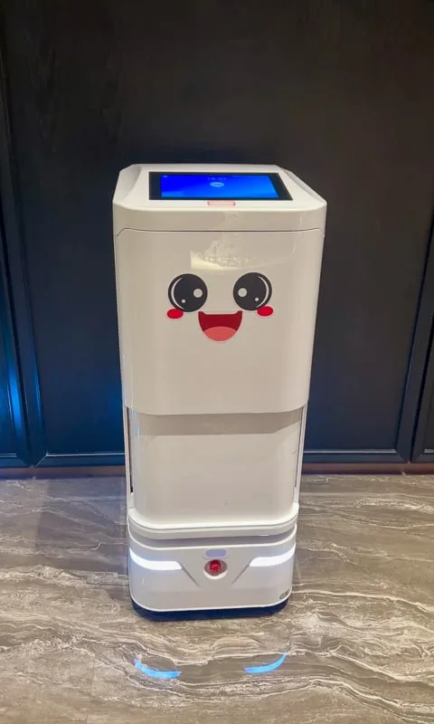 A white room service robot with a cartoon happy face and blue floor lights stands in China.