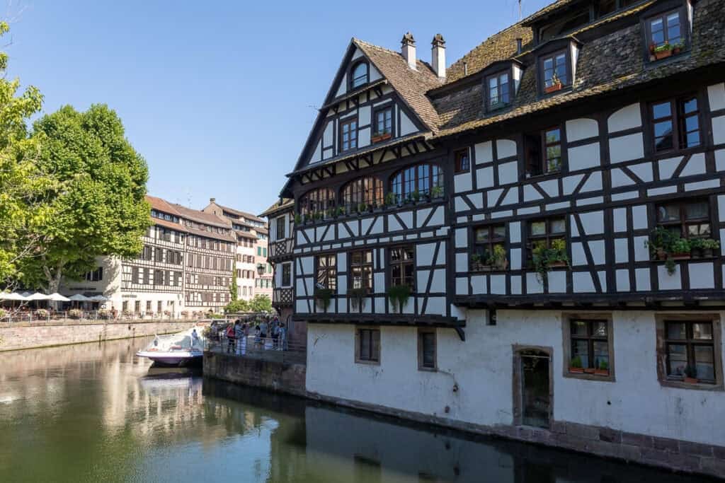 Half timbered buildings lining the canals of Little France, Strasbourg
