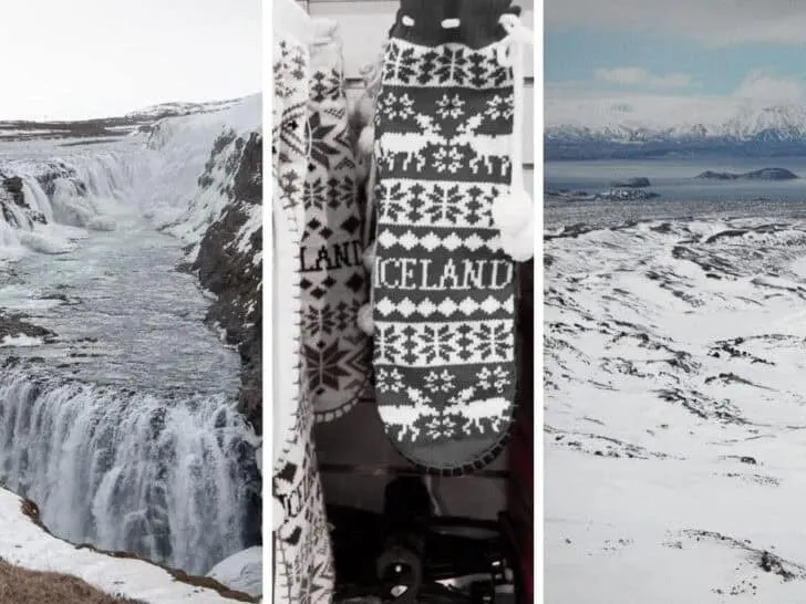 What to wear in Iceland packing lists for summer and winter with images with Gulfoss, snowly landscape and knitted mittens with Icelandic pattern