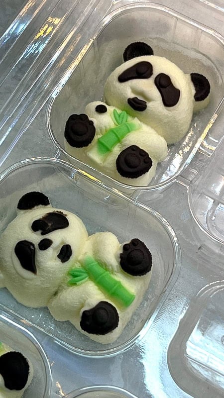 Two panda-shaped desserts with green bamboo details in clear containers from Xining, China.