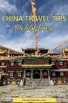 A monastery with prayer flags agains a blue sky. Text overlay reads China travel tips for first timers.