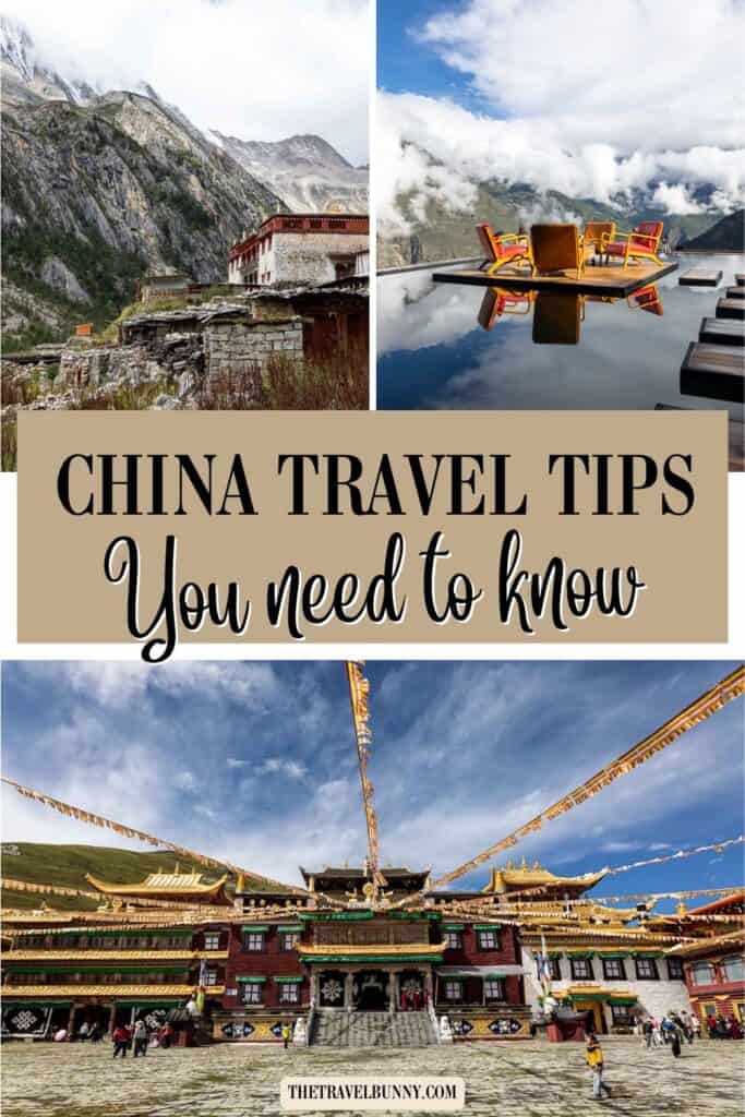 China travel tips pin for pinterest with three images showing a mountain monastery, a table and chairs on a reflecting pool and a monastery with prayer flags. Text overlay reads China travel tips you need to know