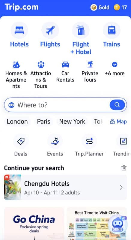 Screenshot from the Trip.com mobile app