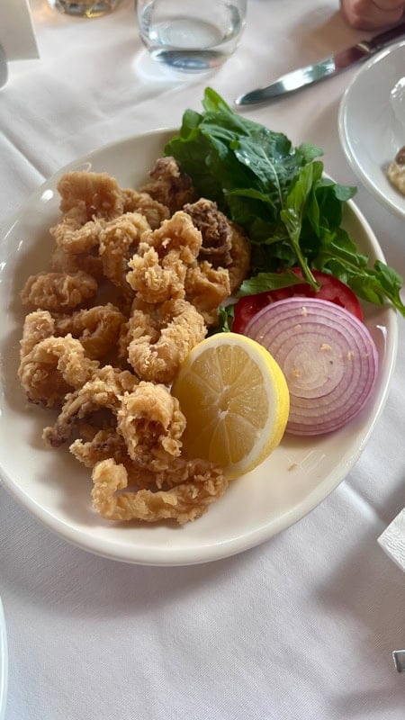 Calamari on a white oval dish with lemon wedge, red onion and green herbs to garnish
