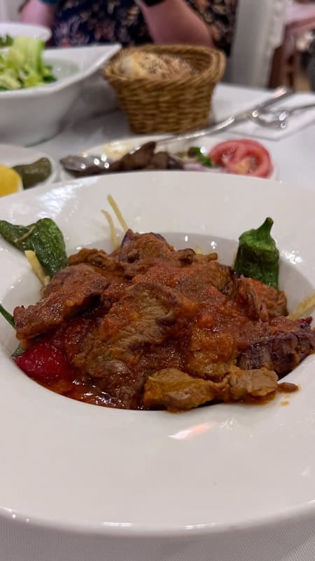 Çökertme Kebab - a dish of meat served on matchstick fries and dressed in a rich tomato sauce garnished with green peppers. A bread basket and salad are in the back ground