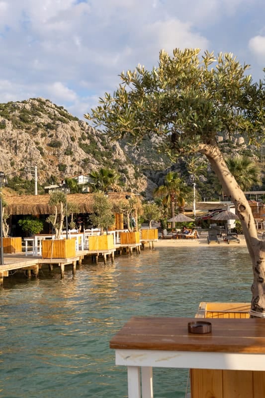 A scenic beach club with thatched roofs and olive trees on the Aegean coast of Turkey, backed by rocky mountains.