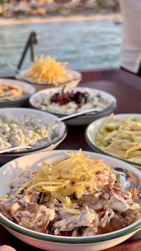 Plates of creamy meze, including a dish with crispy fried potatoes, served at a waterfront restaurant.