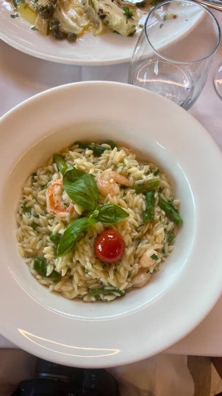 Seafood risotto with cherry tomato and green herb garnish