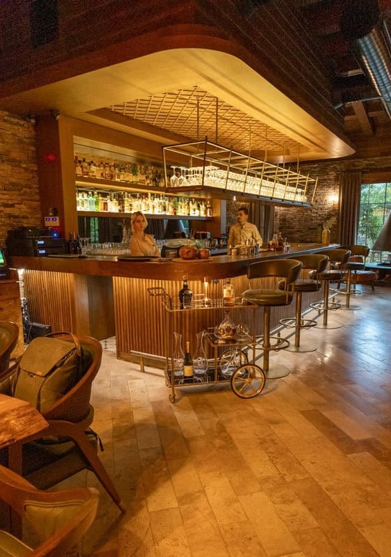 A bar with bar stools lined up and a drinks trolley in front. A male and female server stand behind the bar