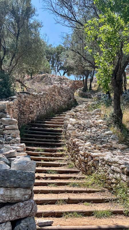 Stone and wooden steps line with olive trees and stone walls leading upwards to Amos Ancient City, Marmaris, Turkiye