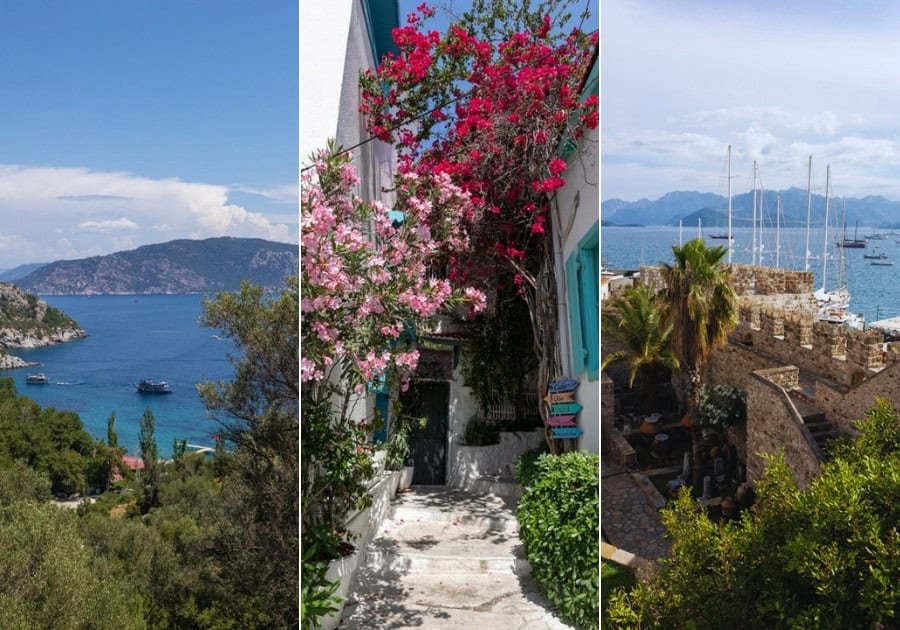 things to do in Marmaris Turkey, montage of photos: castle, old town alley with flowers and view over the sea with boats and pine-clad hills