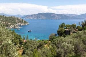 Views of Türkiye's turquoise coastal waters surrounded by pine-clad hills