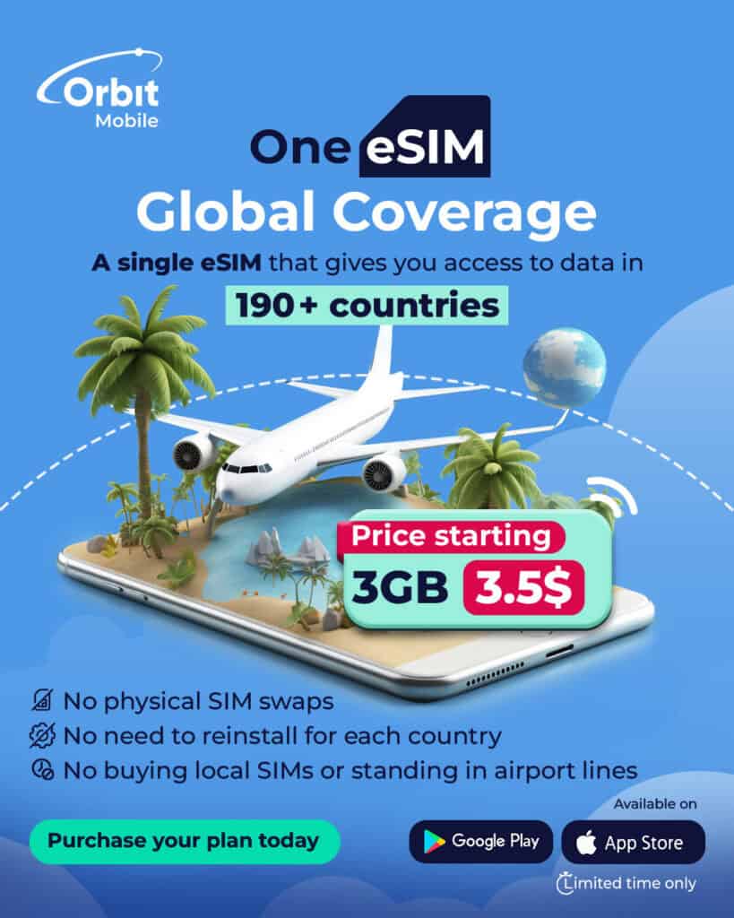 A smartphone displays a tropical scene with an airplane and globe, advertising eSIM global coverage starting at 3.5 dollars.