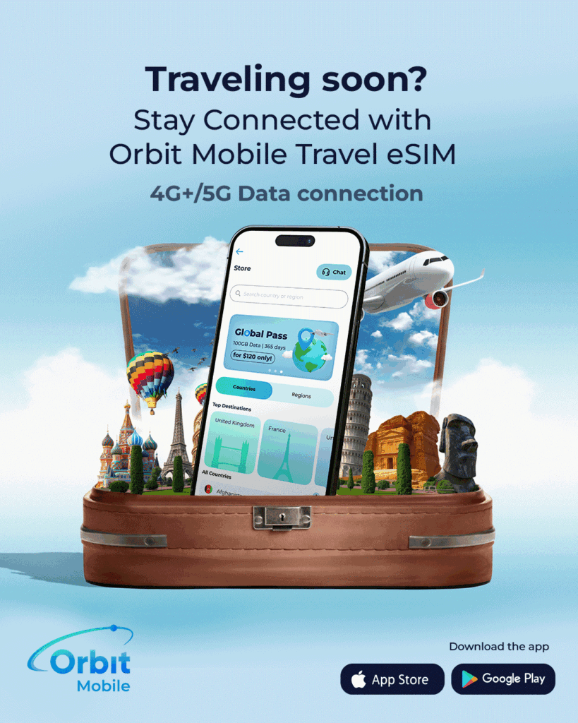 Stay connected with Orbit sSIM. A smartphone displaying a travel app interface sits inside an open suitcase surrounded by various global landmarks.