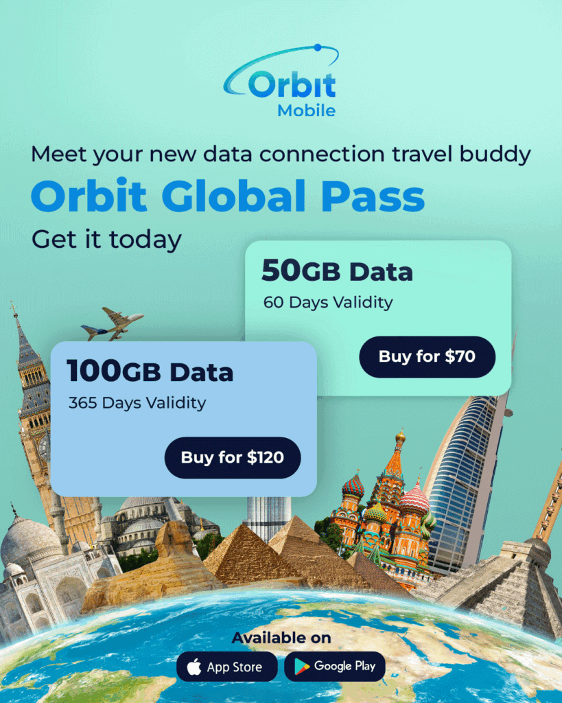 An advertisement for Orbit Mobile data plans featuring global landmarks, an airplane, and app store download buttons.